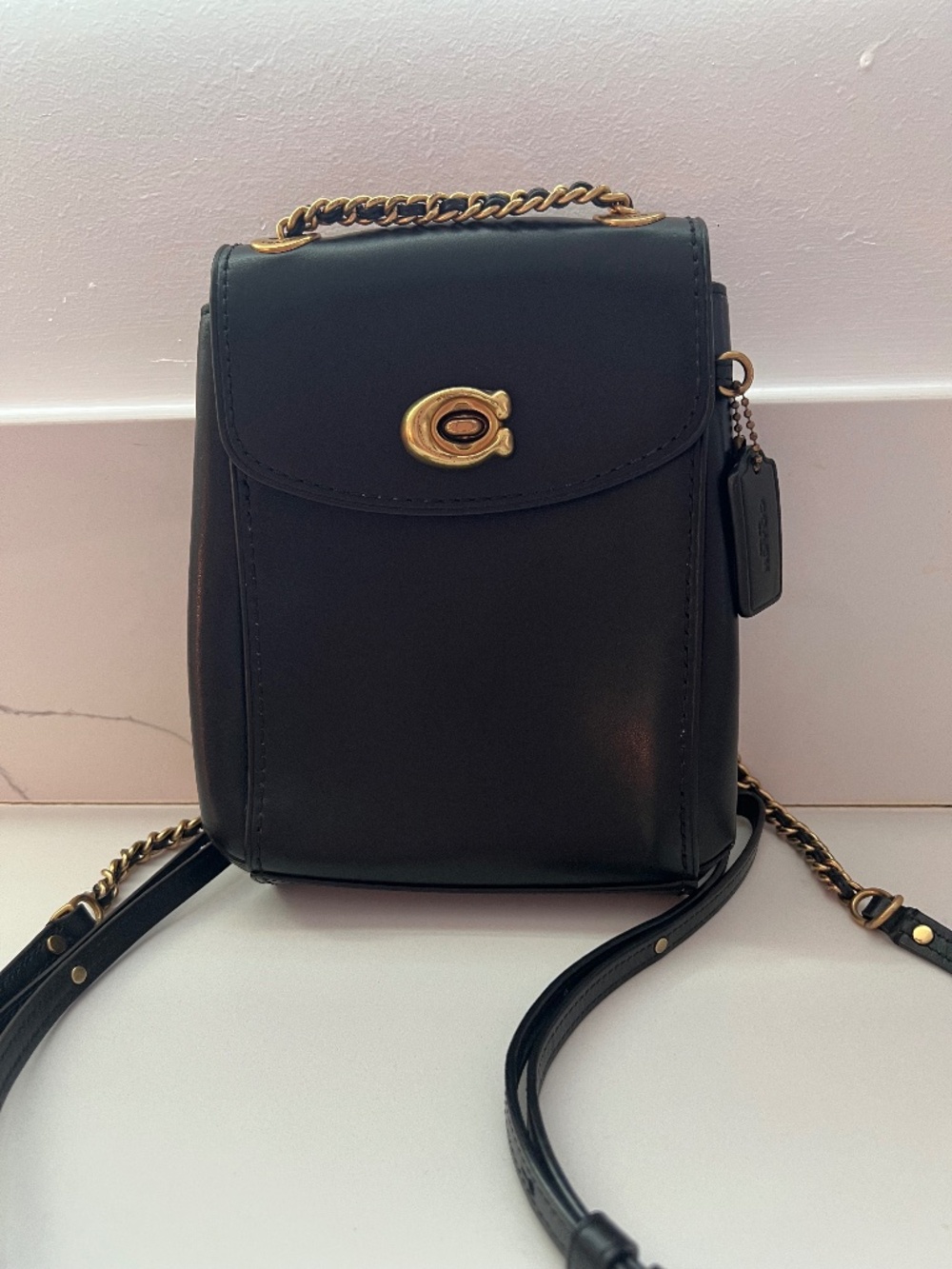 Coach Black Parker Leather Backpack Crossbody Bag Gold Chain Strap - Picture 2 of 12